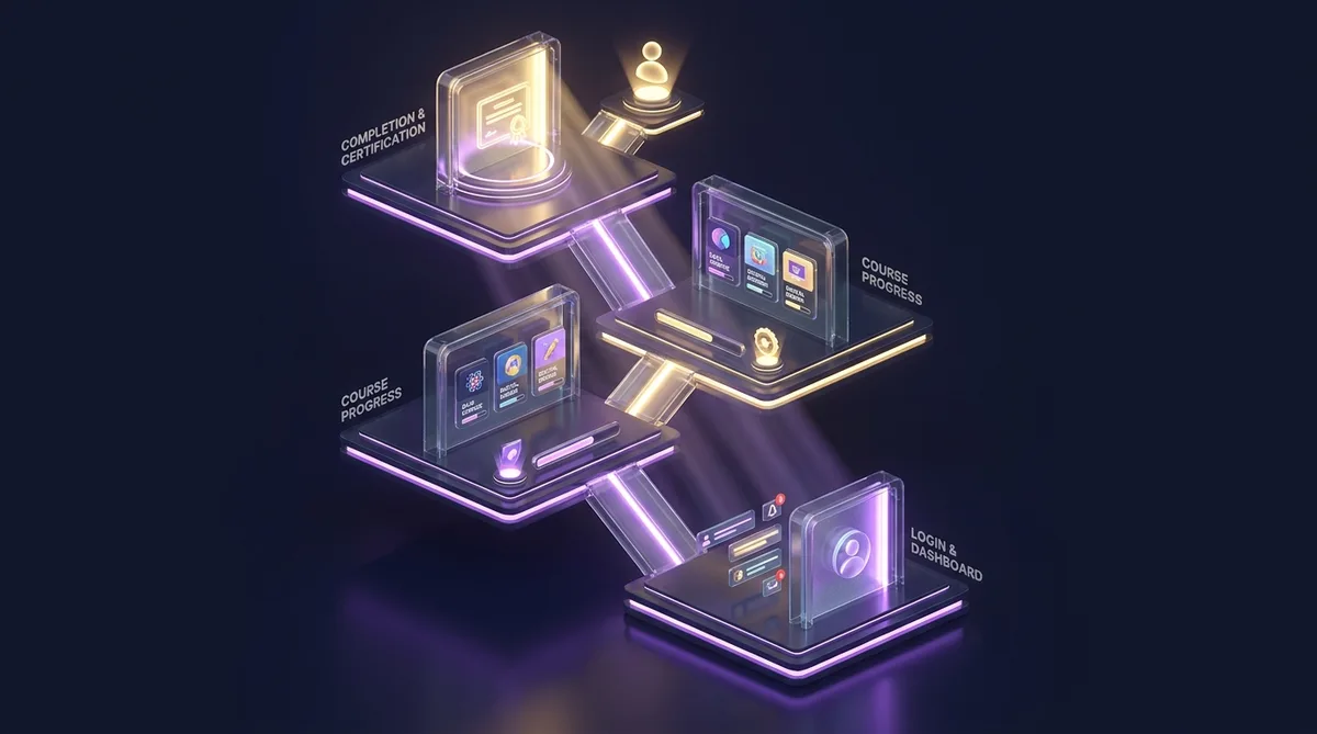 Elearning Portal | CAQA Online Isometric design visualizes a learner's journey through an online platform, highlighting course progress and certification.