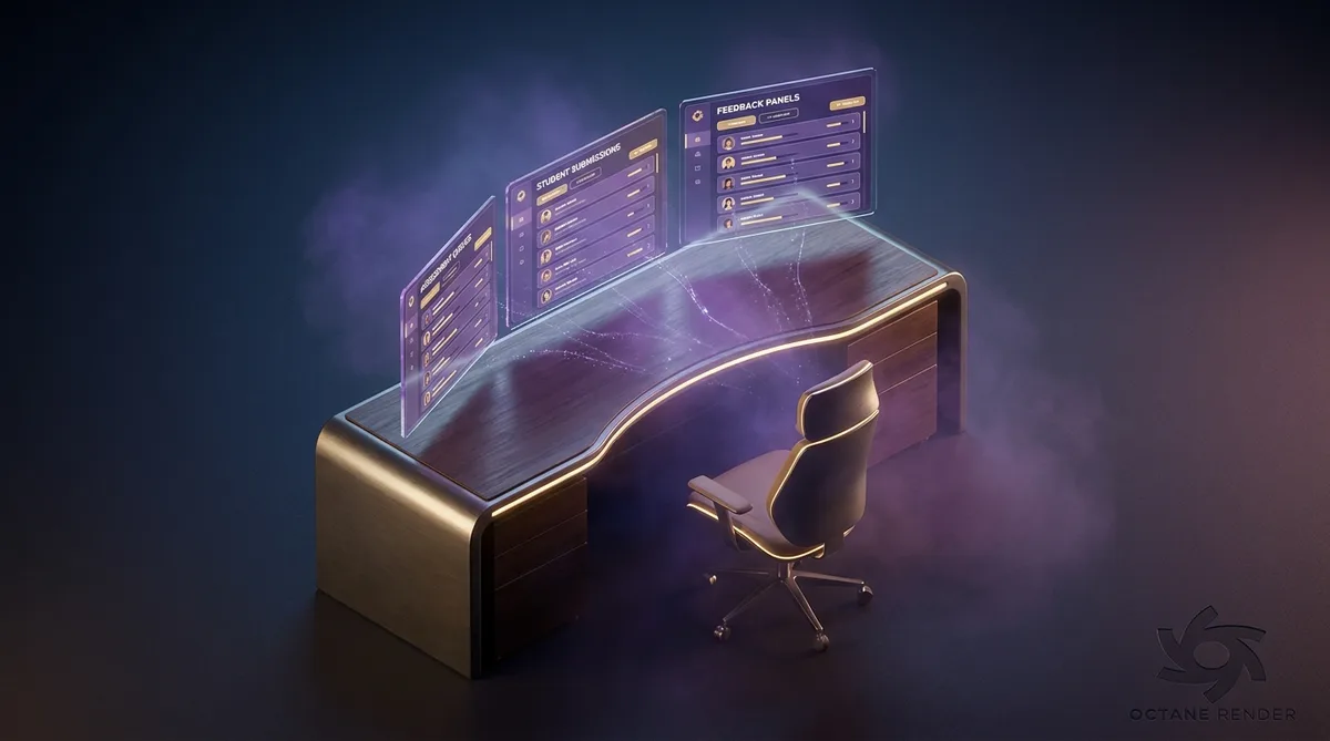 Futuristic Workstation | CAQA Online A futuristic workstation displays student progression and feedback panels, showcasing a modern learning management system.
